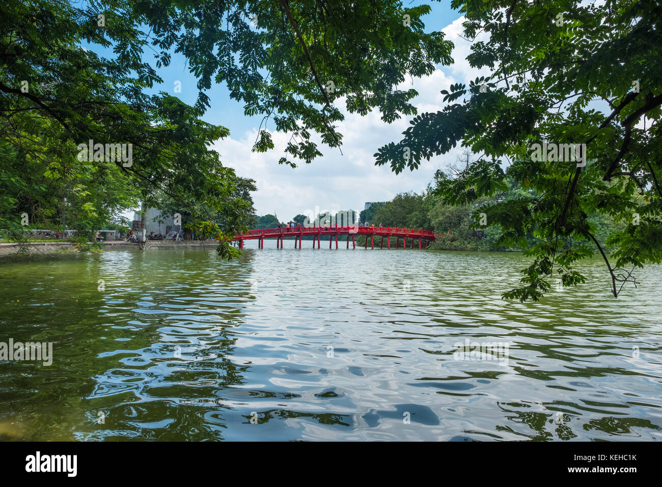 Sep 19, 2017 Red bridge landmark of Hanoi in Ho Hoan Kiem lake near Dinh Tien Hoang road Stock Photo