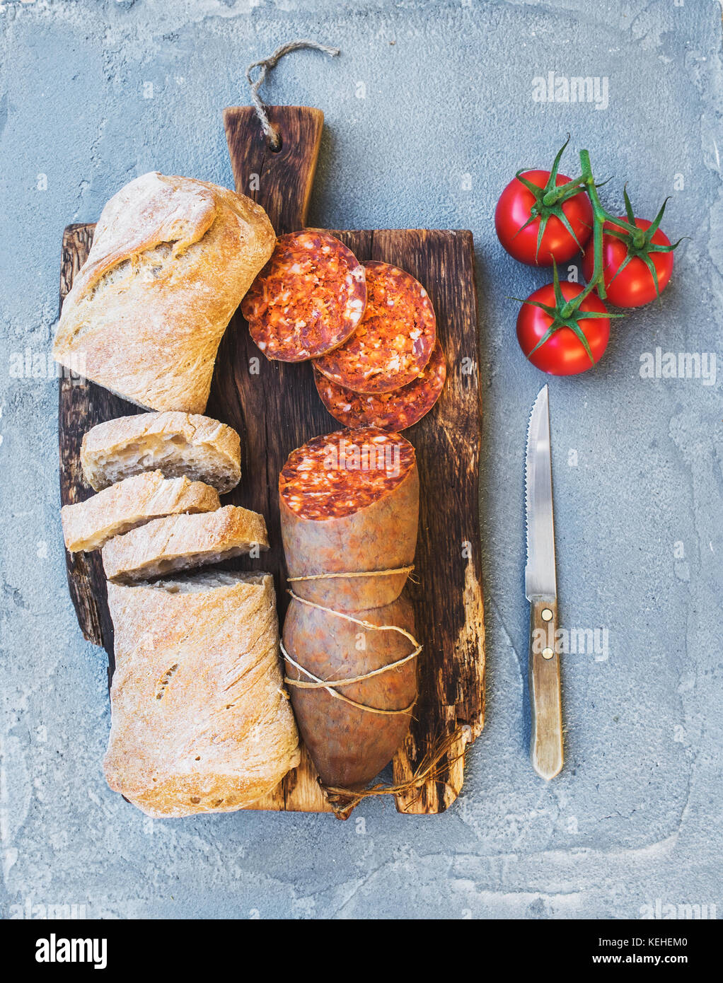 Wine snack set. Hungarian mangalica pork salami sausage, rustic bread ...