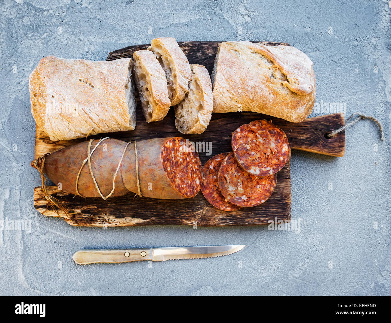 Wine snack set. Hungarian mangalica pork salami sausage and rustic