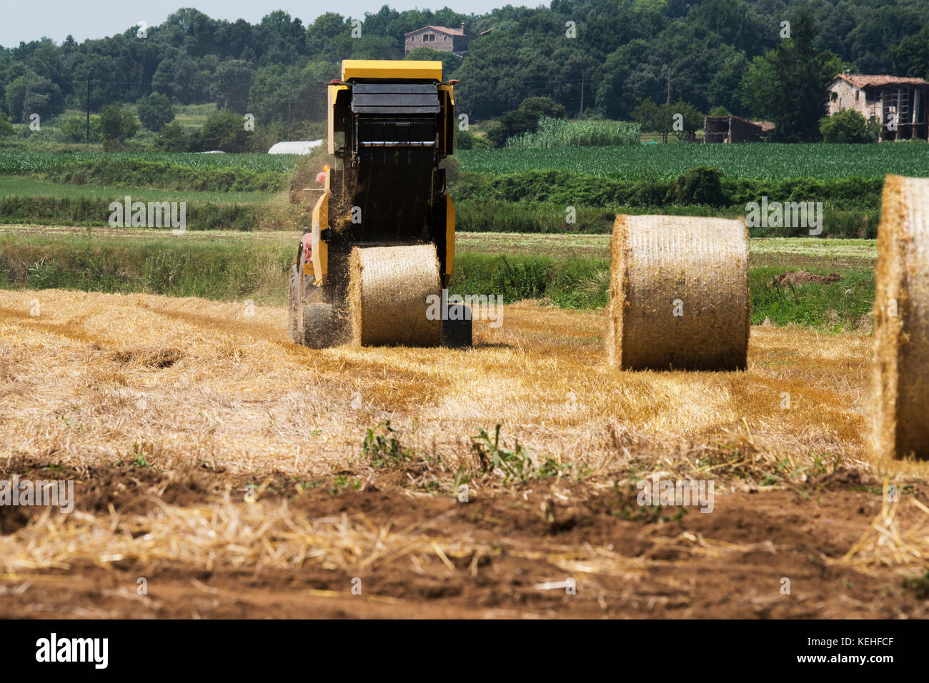 Tractor baling hay in field Stock Photo