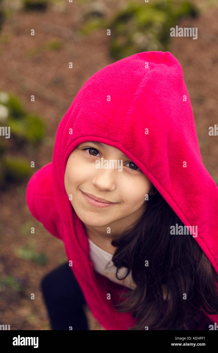 Cute Girl Wood Red Hood Stock Photo