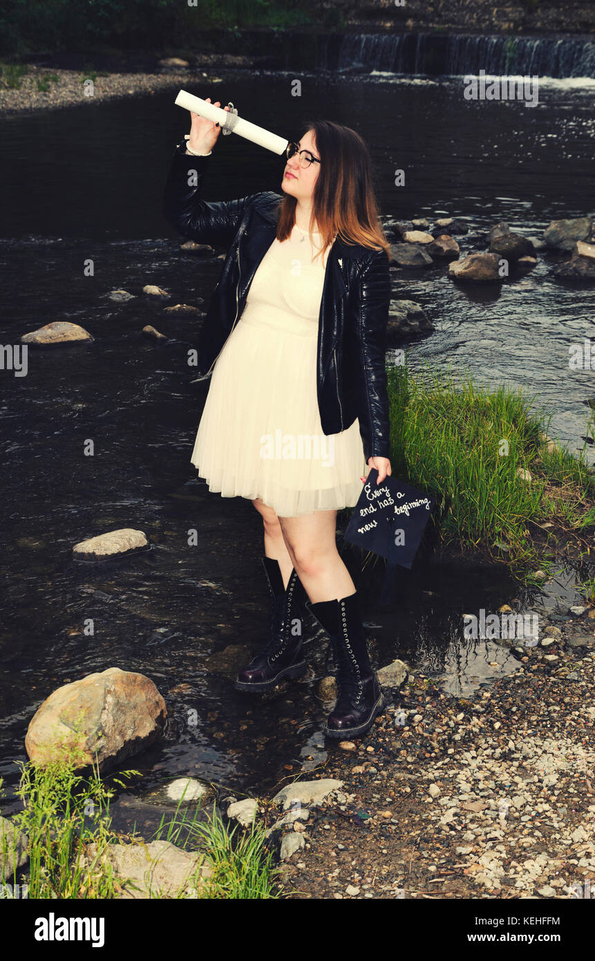 Diploma Prom Girl River Waterfall Hat Stock Photo