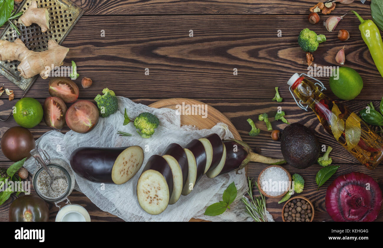 Top view of variety of organic natural fresh vegetables on wooden ...