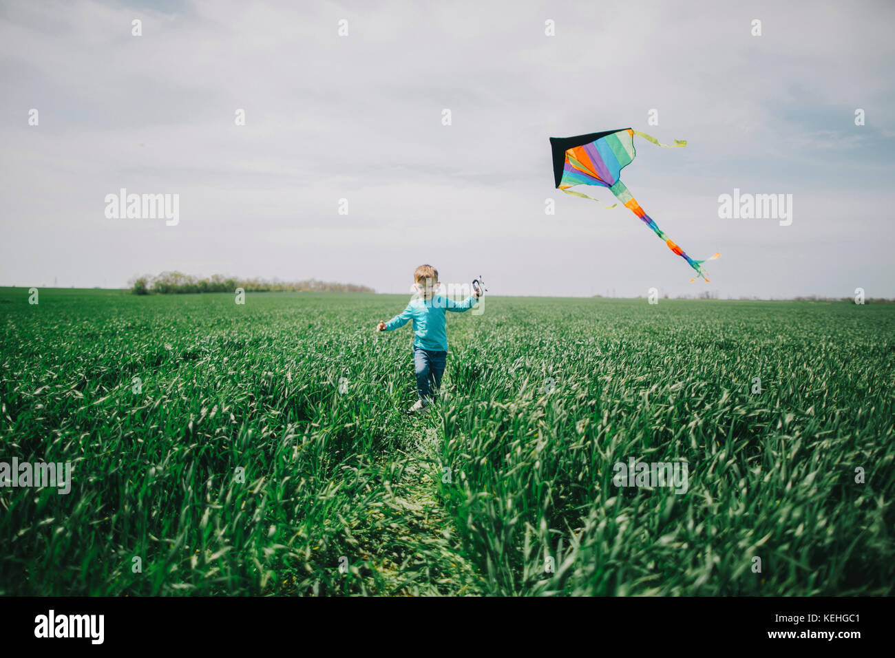 Caucasian boy flying kite in field Stock Photo Alamy