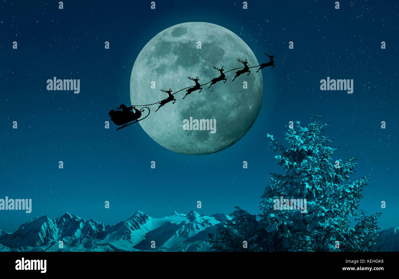 Silhouette of Santa and reindeer flying sleigh near full moon Stock ...