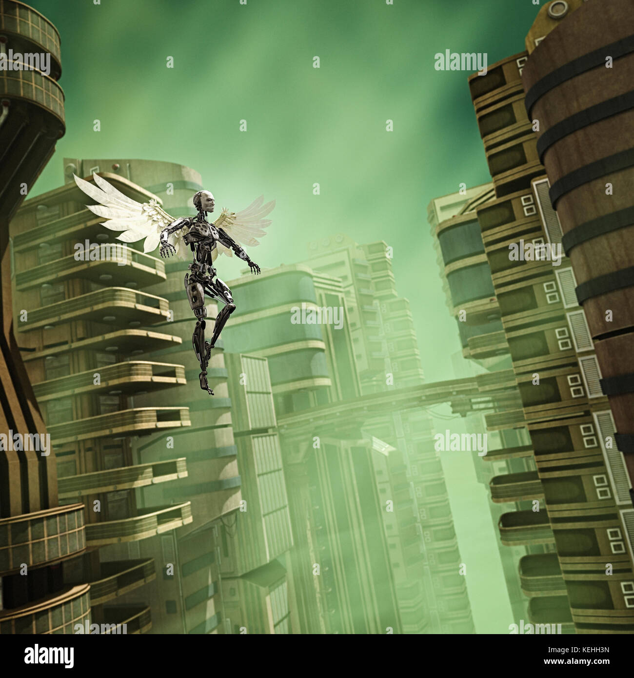 Robot angel flying in futuristic city Stock Photo