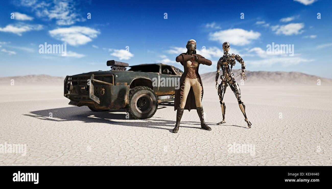 Woman and robot near car in desert Stock Photo