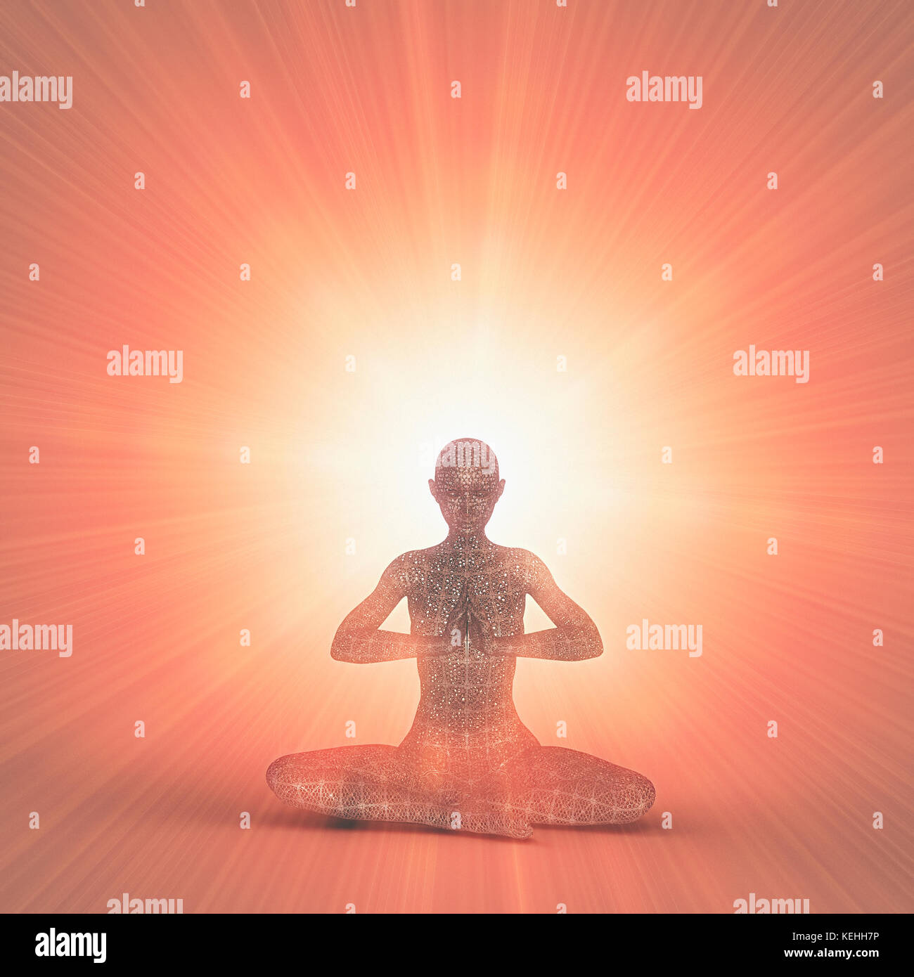 Futuristic woman meditating in orange beams of light Stock Photo