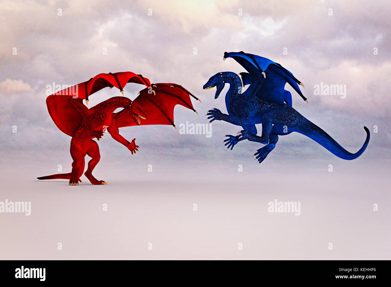 Red and blue dragons fighting Stock Photo