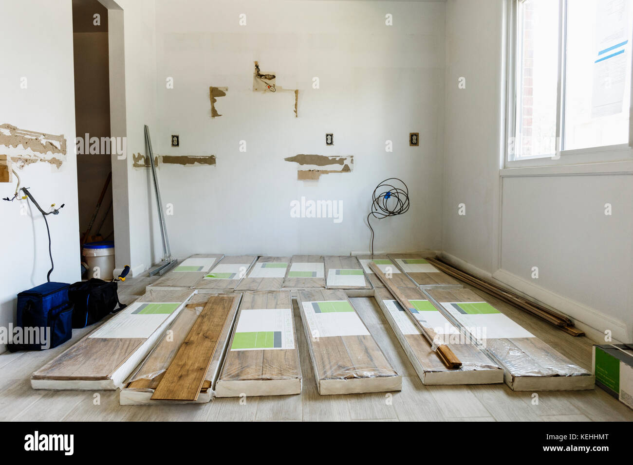 Packages of flooring on floor Stock Photo