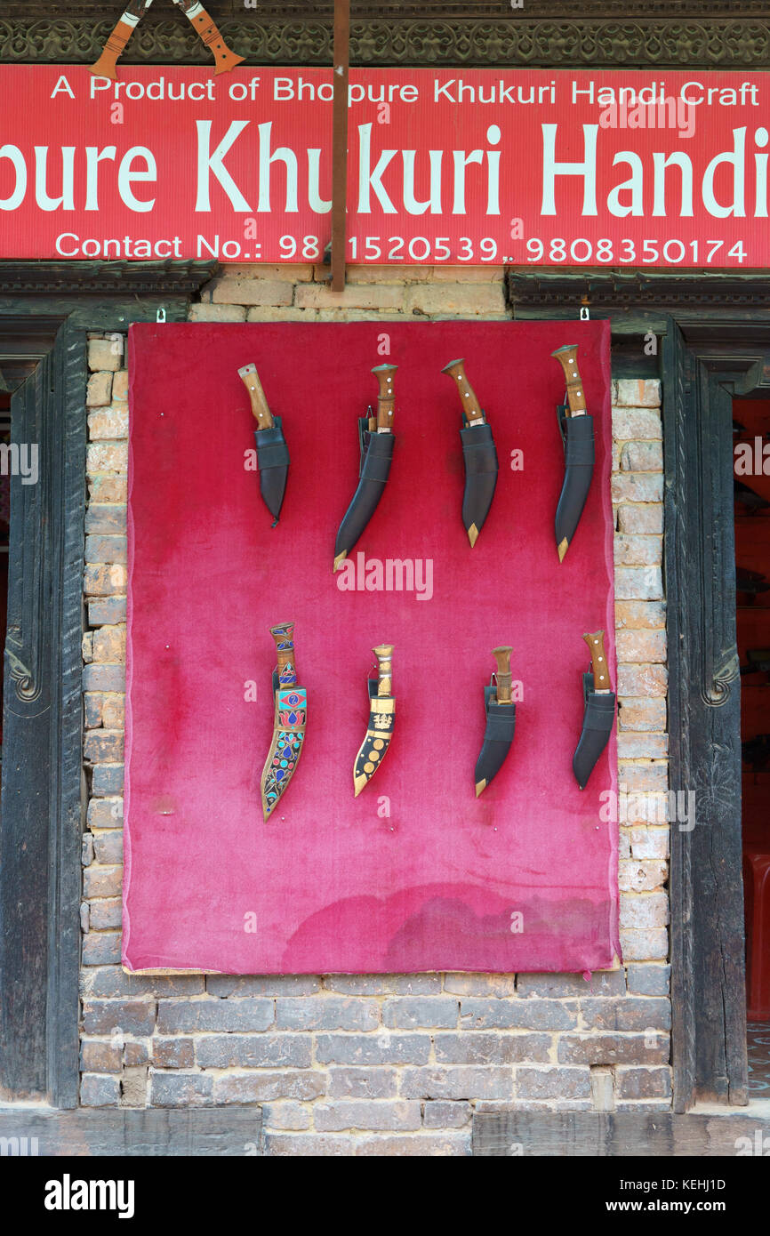 Display of kukhuri knives for sale, Bhaktapur, Nepal. Stock Photo