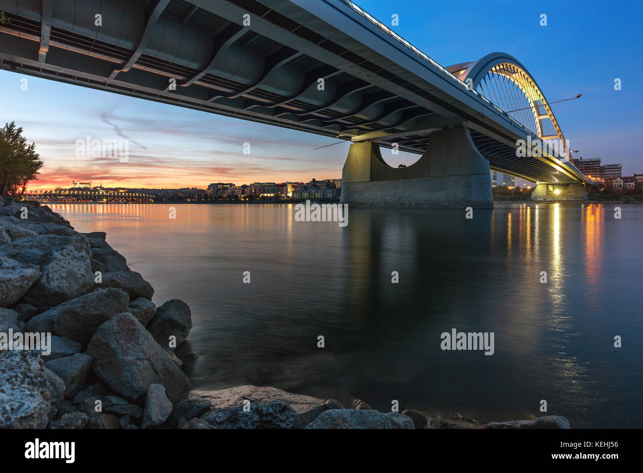 Autumn sunset at Apollo bridge over Danube, Bratislava, Slovakia Stock Photo