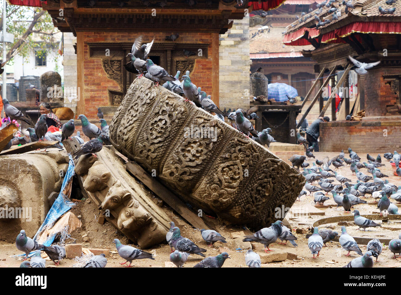 Pigeons amongst the remains of a pagoda left by the 2015 earthquake. Durbar Square, Kathmandu, Nepal. Stock Photo