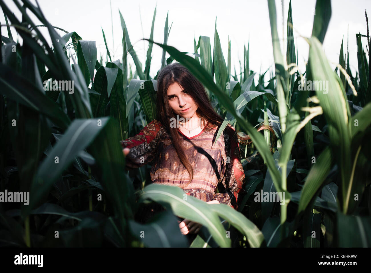 Caucasian woman standing in cornfield Stock Photo
