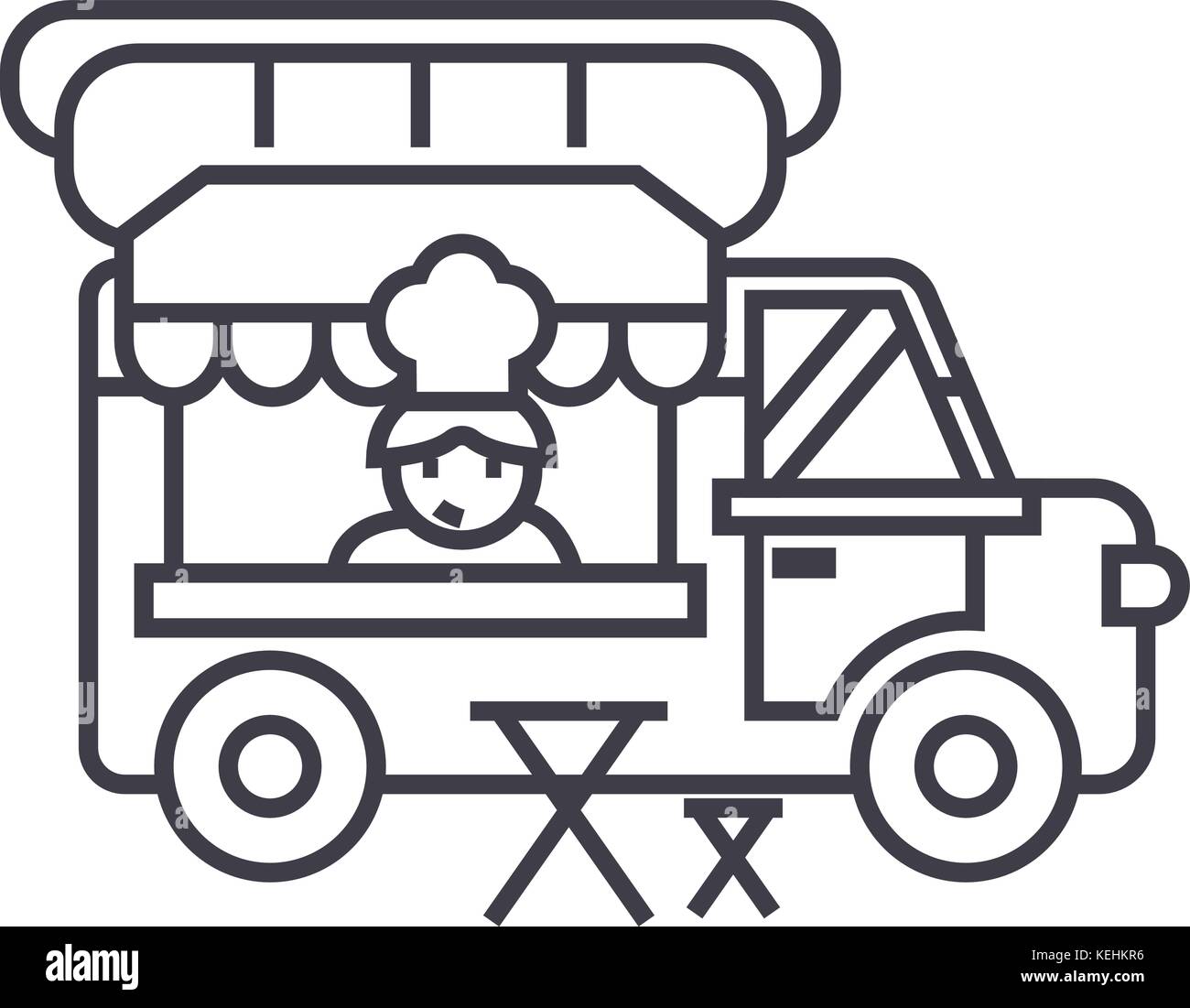 food truck,street mobile kitchen vector line icon, sign, illustration on background, editable strokes Stock Vector