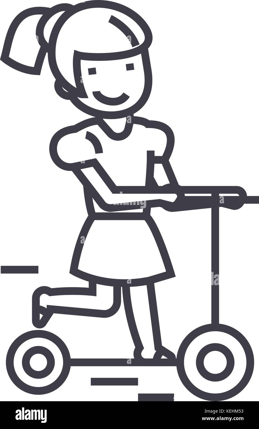 girl on a scooter vector line icon, sign, illustration on background