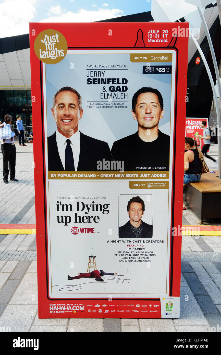 Sign announcing a show featuring Jerry Seinfeld and Gad Elmaleh during the Just for Laughs festival in Montreal. Stock Photo