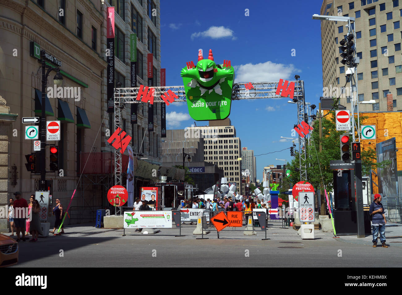 Entrance to the Just for Laughs Festival site on Ste Catherine street, Montreal, province of Quebec, Canada. Stock Photo