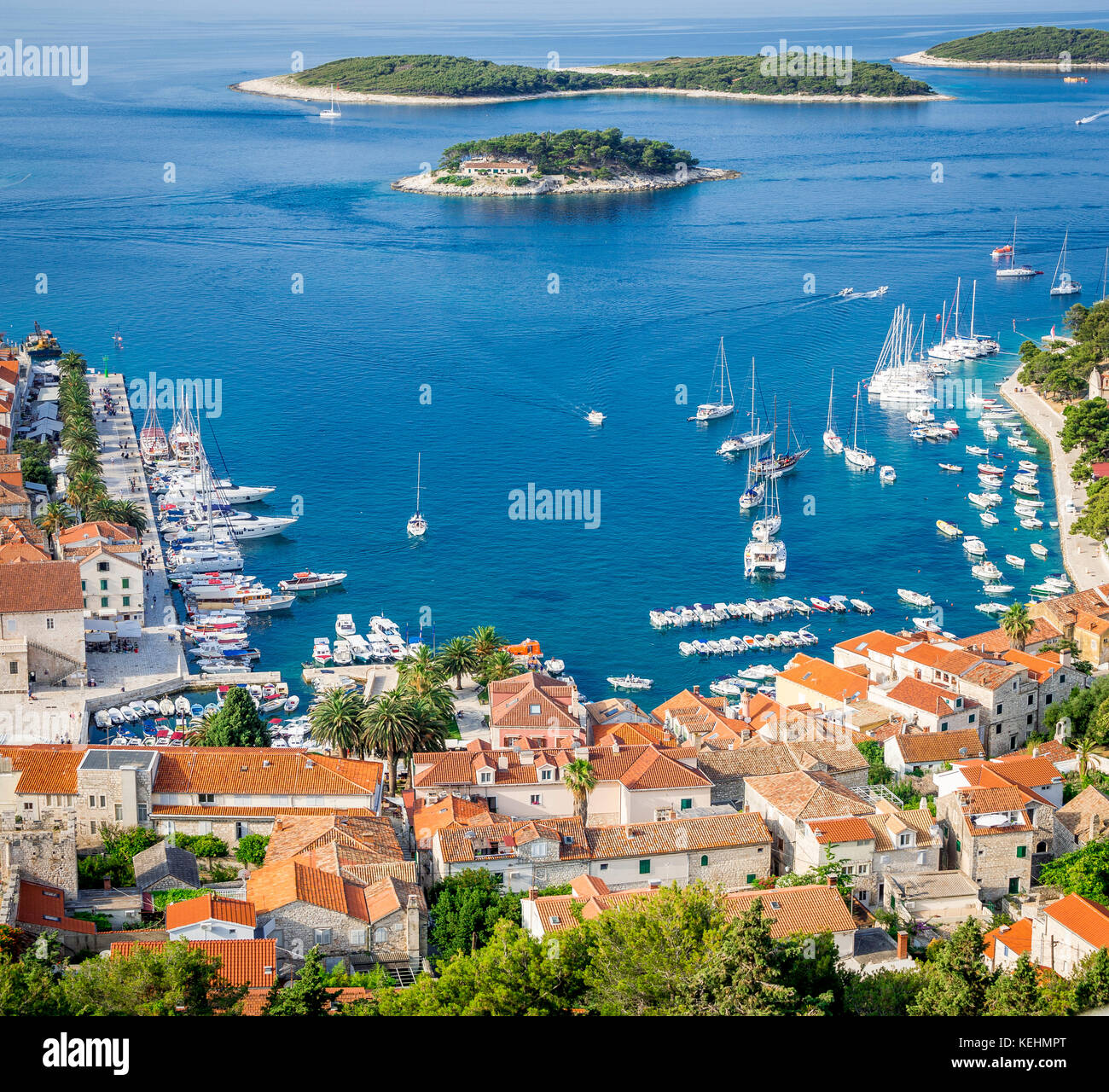 Picturesque view of Hvar and the Pakleni Islands from high above the town at the Španjola Fortress (Hvar fort, or Fortica). Stock Photo