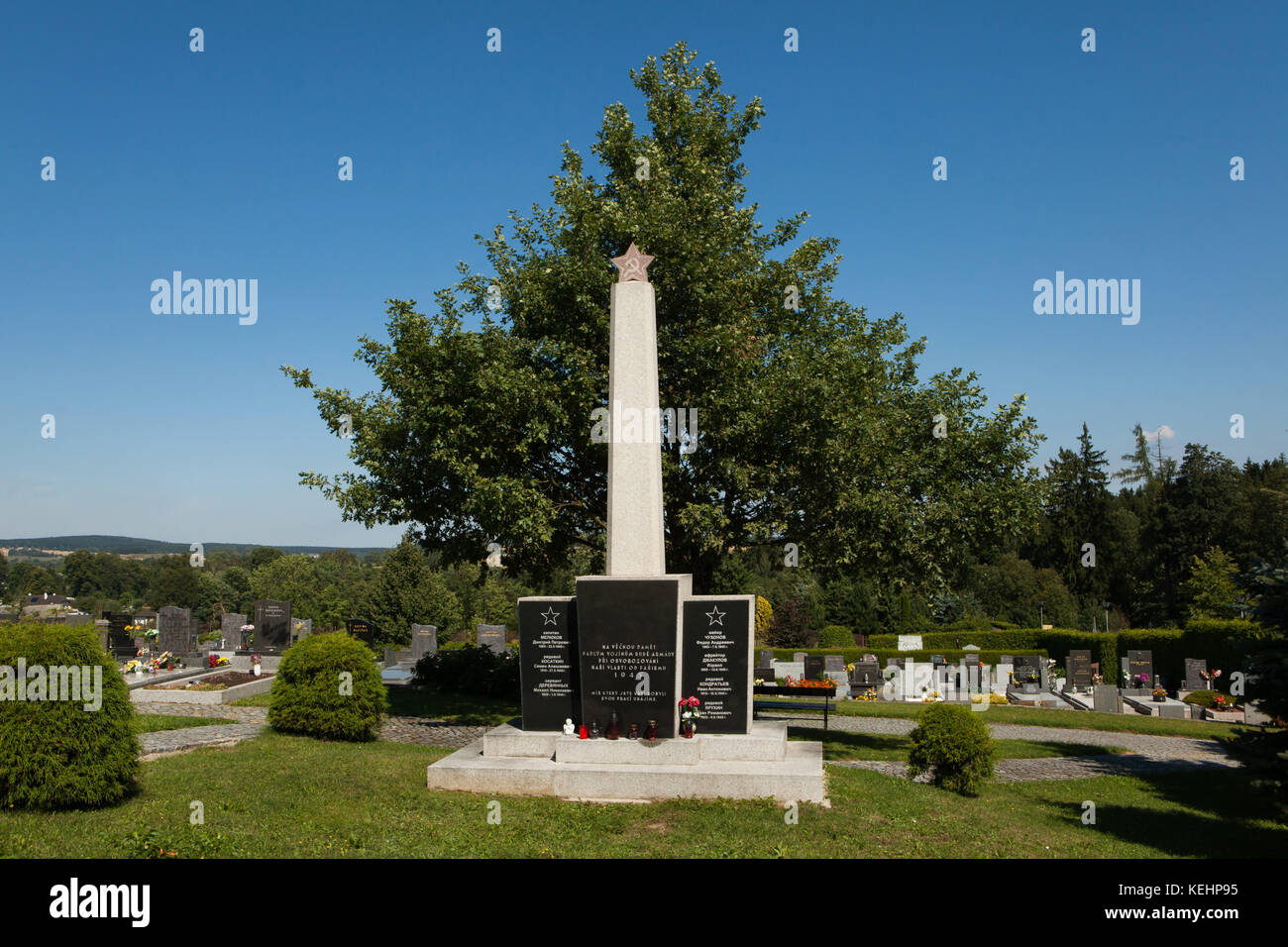 Soviet War Memorial at the town cemetery in Žďár nad Sázavou, Czech Republic. Red Army soldiers and military officers who died of wounds in May and June 1945 just after World War II are buried here. Stock Photo