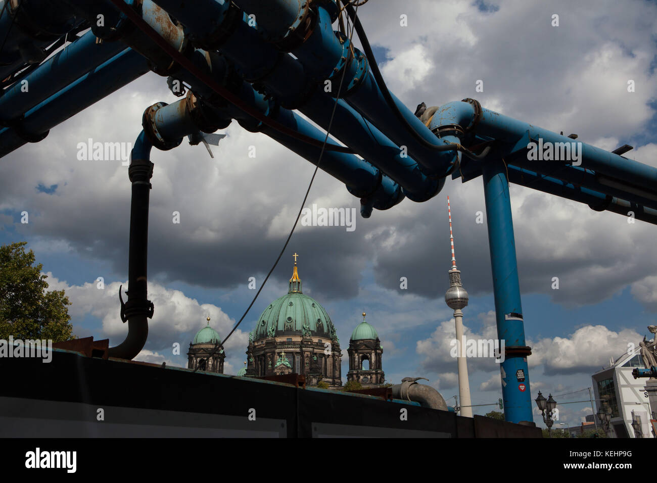 Blue aboveground water pipes on the area under construction in Unter