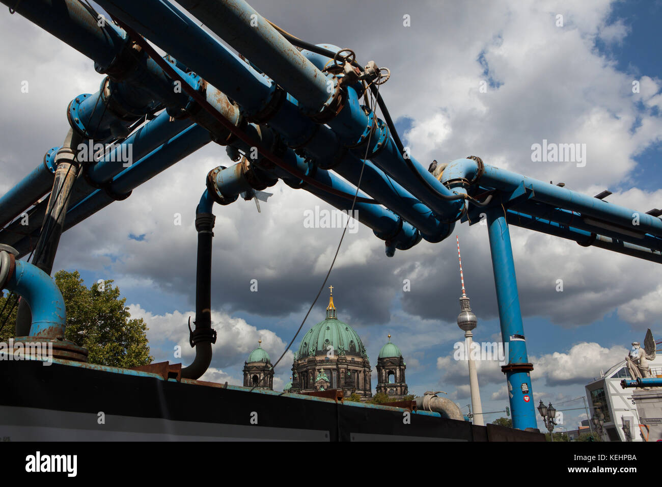 Blue aboveground water pipes on the area under construction in Unter