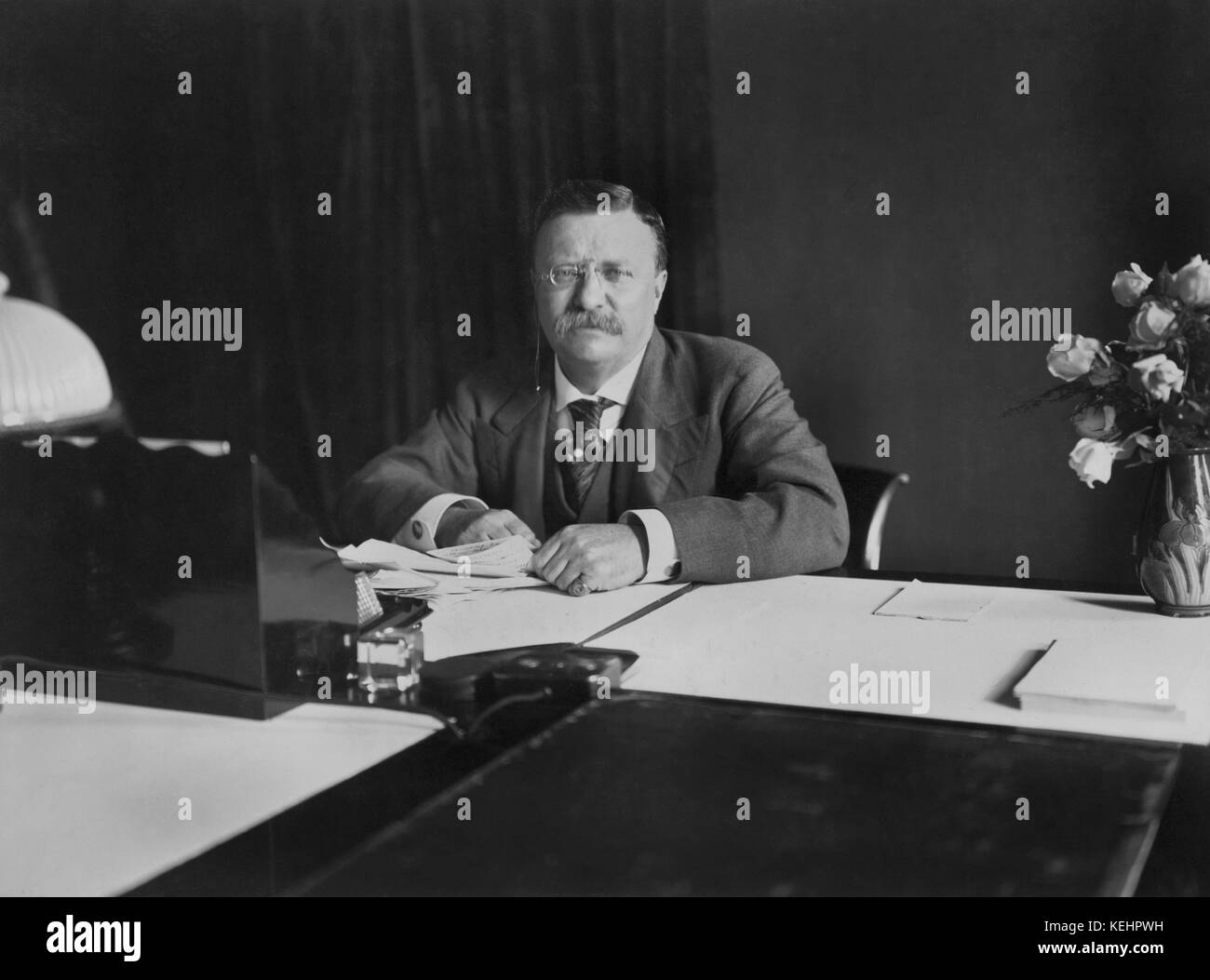Theodore Roosevelt,Portrait Seated at Desk,Washington DC,USA,by Barnett McFee Clinedinst,1907 Stock Photo