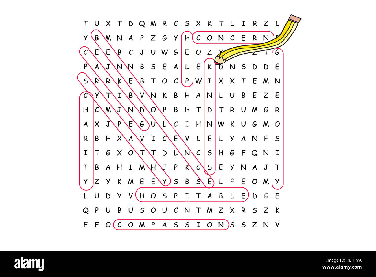 Word search puzzle with kindness and associated words circled in red with pencil Stock Photo Alamy