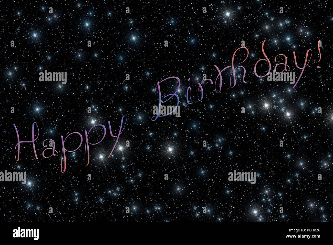 Illustration representing gift greeting cart composed of multi-coloured inscription 'Happy Birthday!' and dark black sky covered by twinkling sparklin Stock Photo