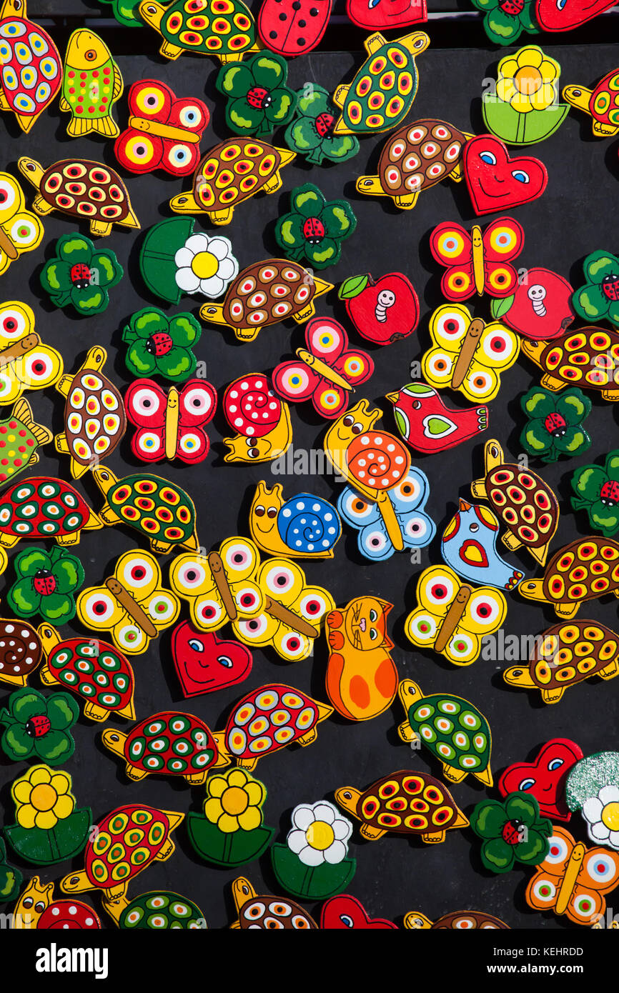 Souvenir refrigerator magnets on sale in Olomouc, Czech Republic. Stock Photo