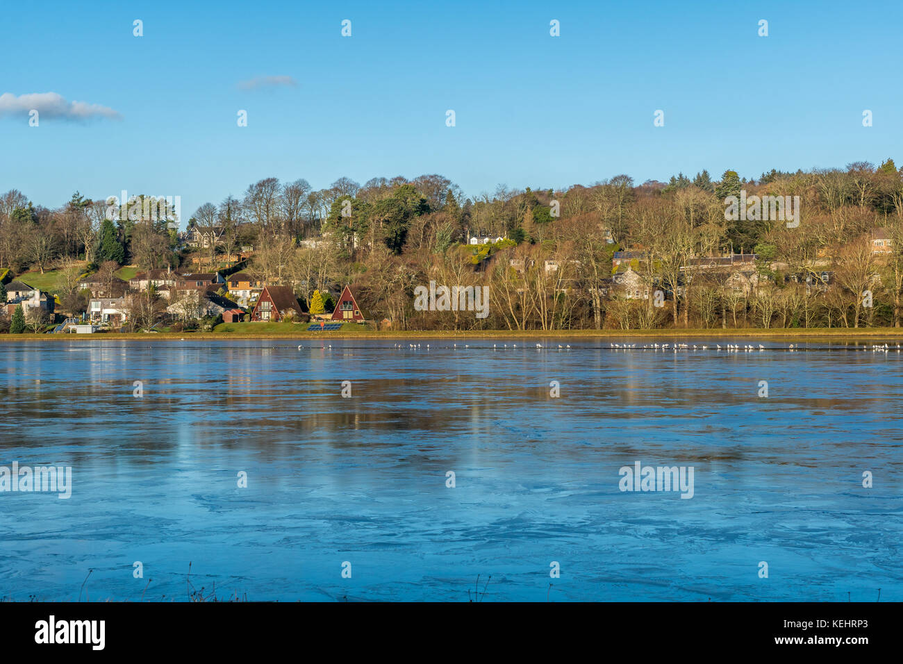 Inchgarth Reservoir and houses in Cults, Aberdeen, Scotland, 18 January 2017. Reservoir water frozen on a chilly winter morning. Stock Photo