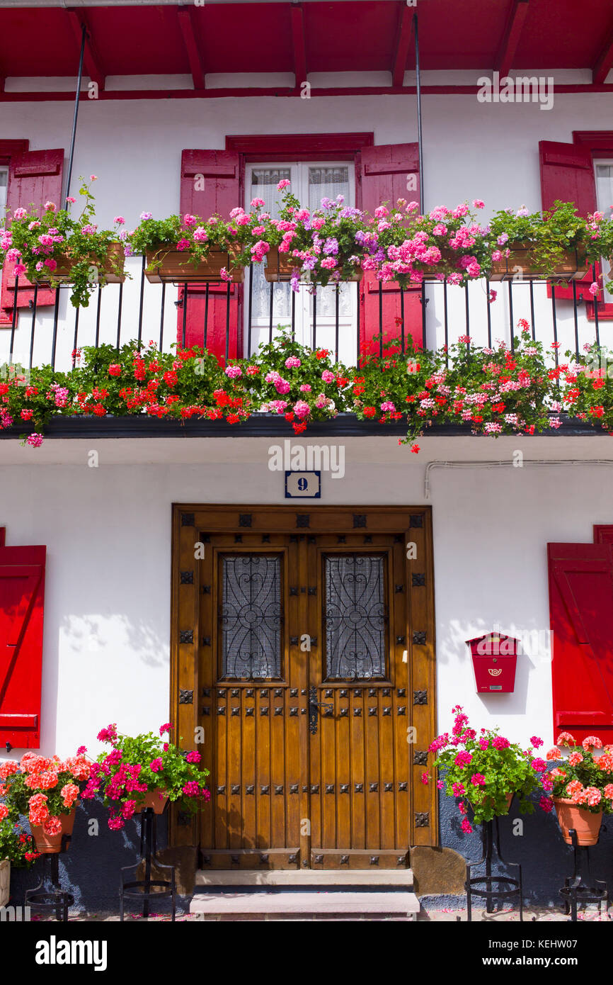 Typical Basque townhouse in town of Oroz Betelu in Navarre, Northern Spain Stock Photo