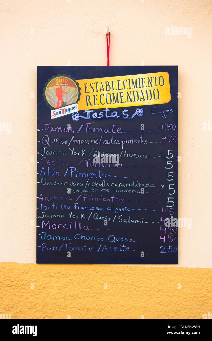 Traditional menu tariff for tapas raciones at bar restaurant Montanes in Plaza de Santo Martino in Leon, Castilla y Leon, Spain Stock Photo