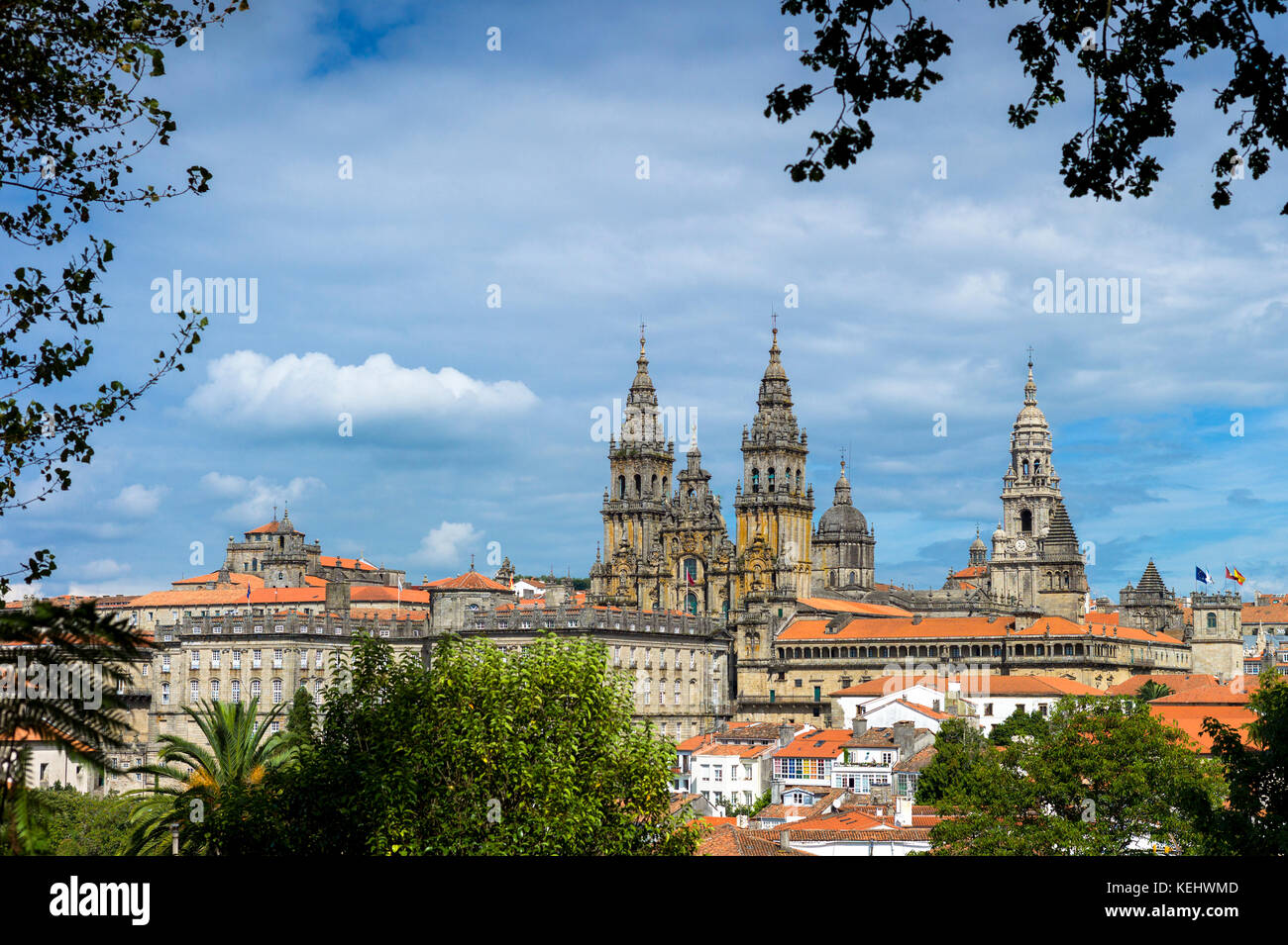 Catedral de Santiago de Compostela, Roman Catholic cathedral complex  cityscape from Alameda Park, Galicia, Northern Spain Stock Photo