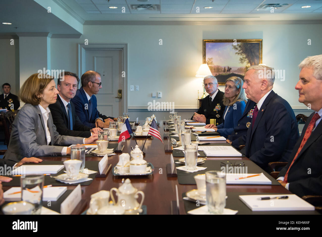 Secretary of Defense Jim Mattis meets with Florence Parly, France’s minister of defense, at the Pentagon in Washington, D.C., Oct. 20, 2017. Stock Photo