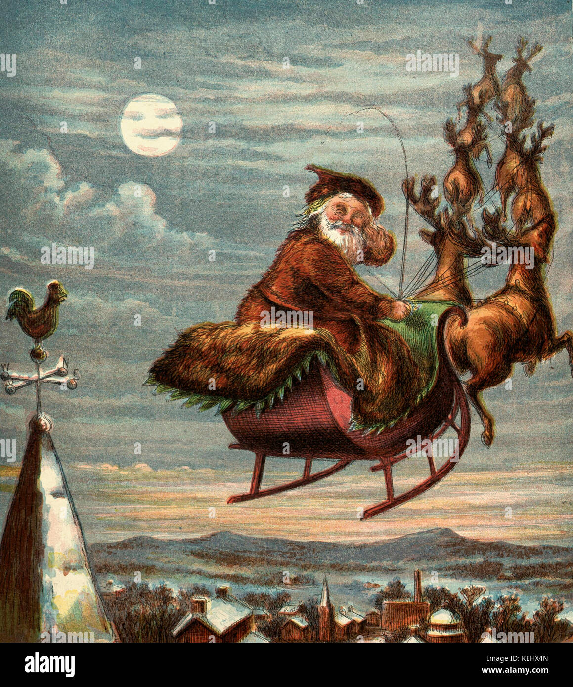Vintage Illustration of Santa Claus Flying his Sleigh Stock Photo
