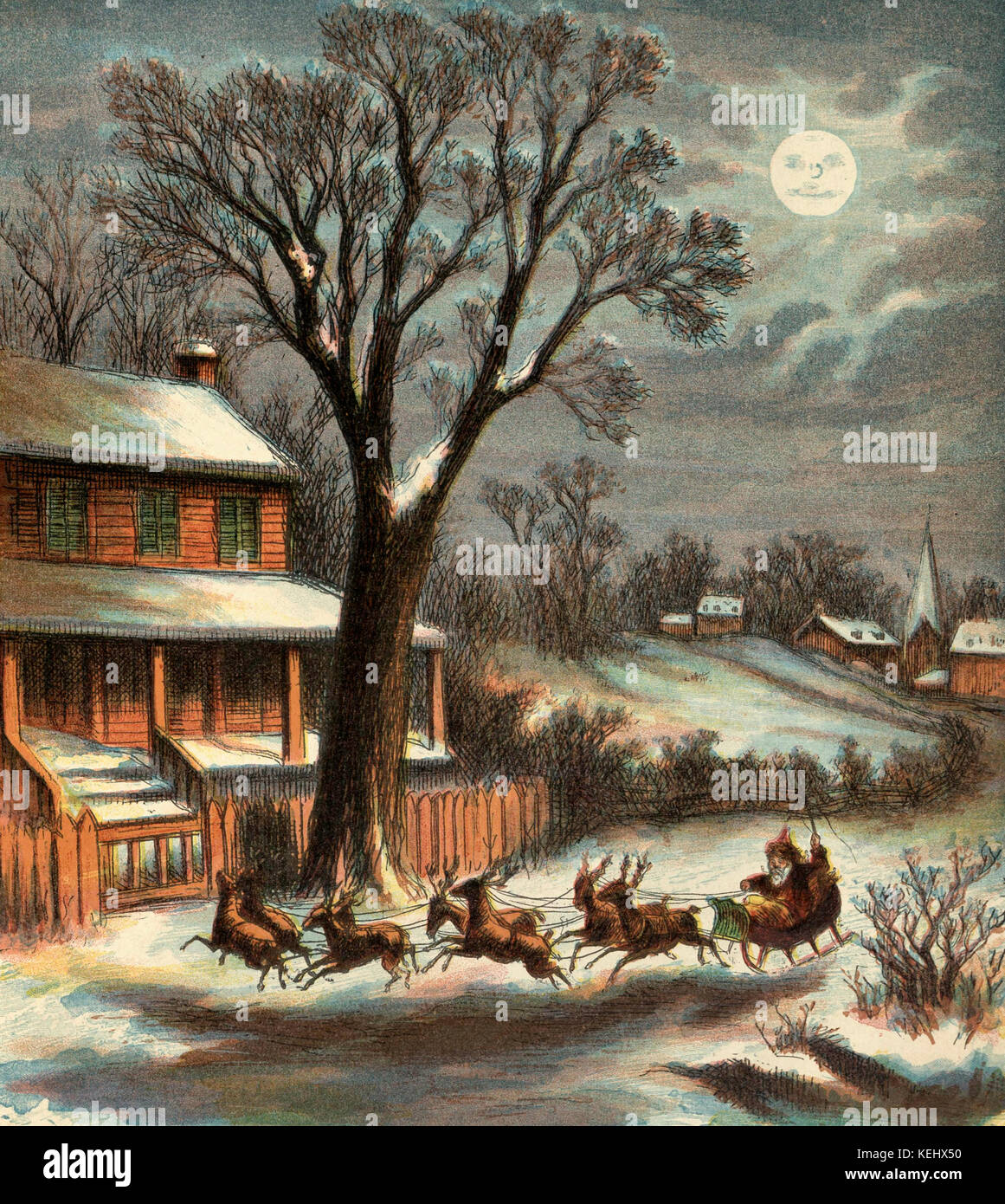 Vintage illustration of Santa Claus and his reindeers Stock Photo