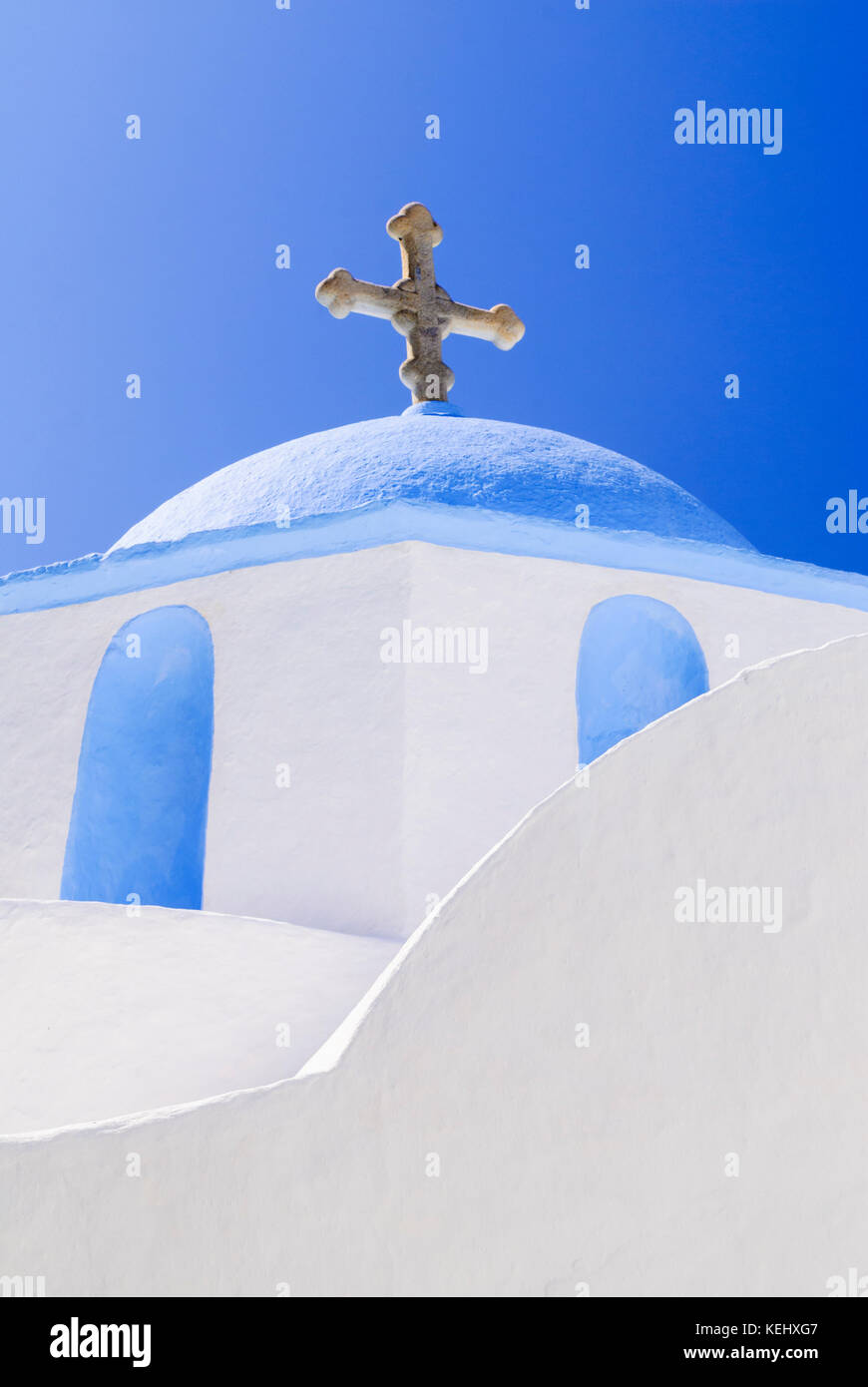 Greek blue domed white church in Paros, Cyclades, Greece Stock Photo