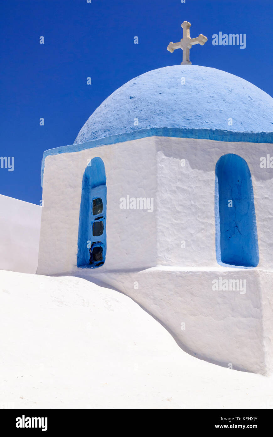 Greek blue domed white church in Paros, Cyclades, Greece Stock Photo