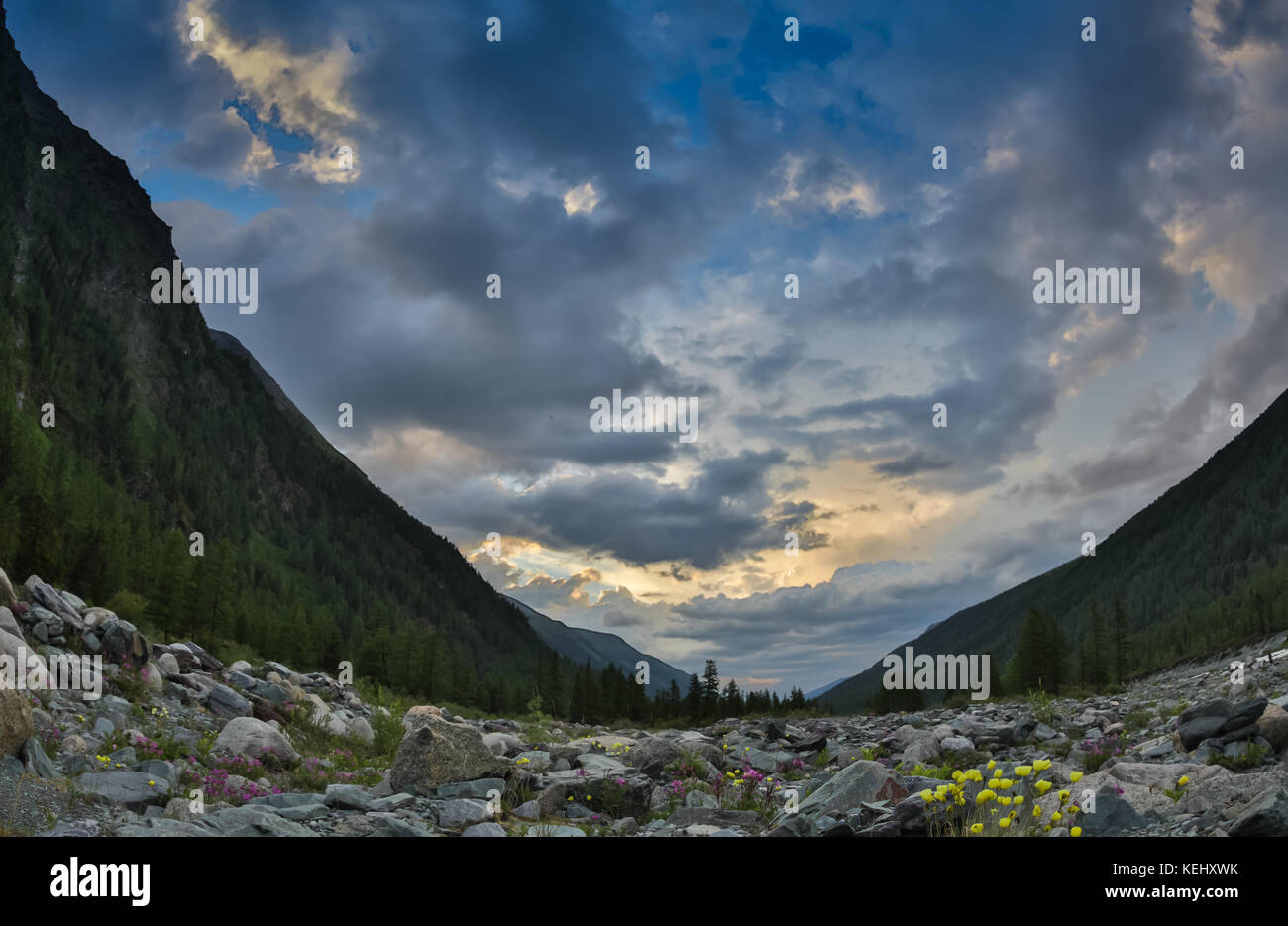 sunrise,sunset at the foot of the Belukha mountain, Altai Mountains, Russia. Stock Photo