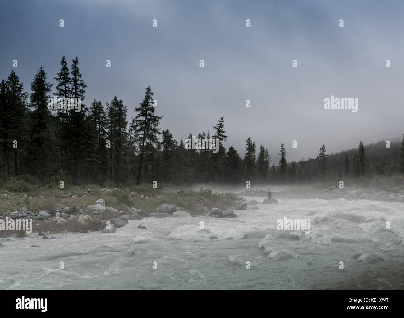 the river on a background of mountains and forests in the fog Akkem river, is at the foot of the Belukha mountain, Altai Mountains, Russia. Stock Photo