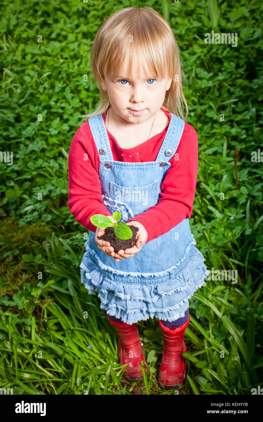 Little girl holding seeding with ground Stock Photo