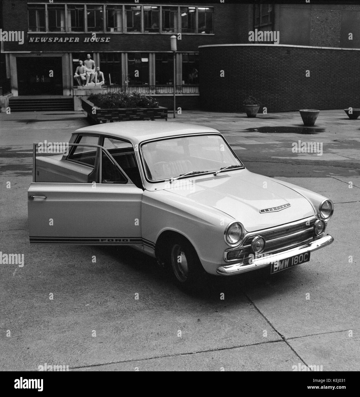 Press photos of a 1966 Ford Cortina Mk 1 GT, shown outside Newspaper House in London. Photos taken on 21st October 1966. Stock Photo