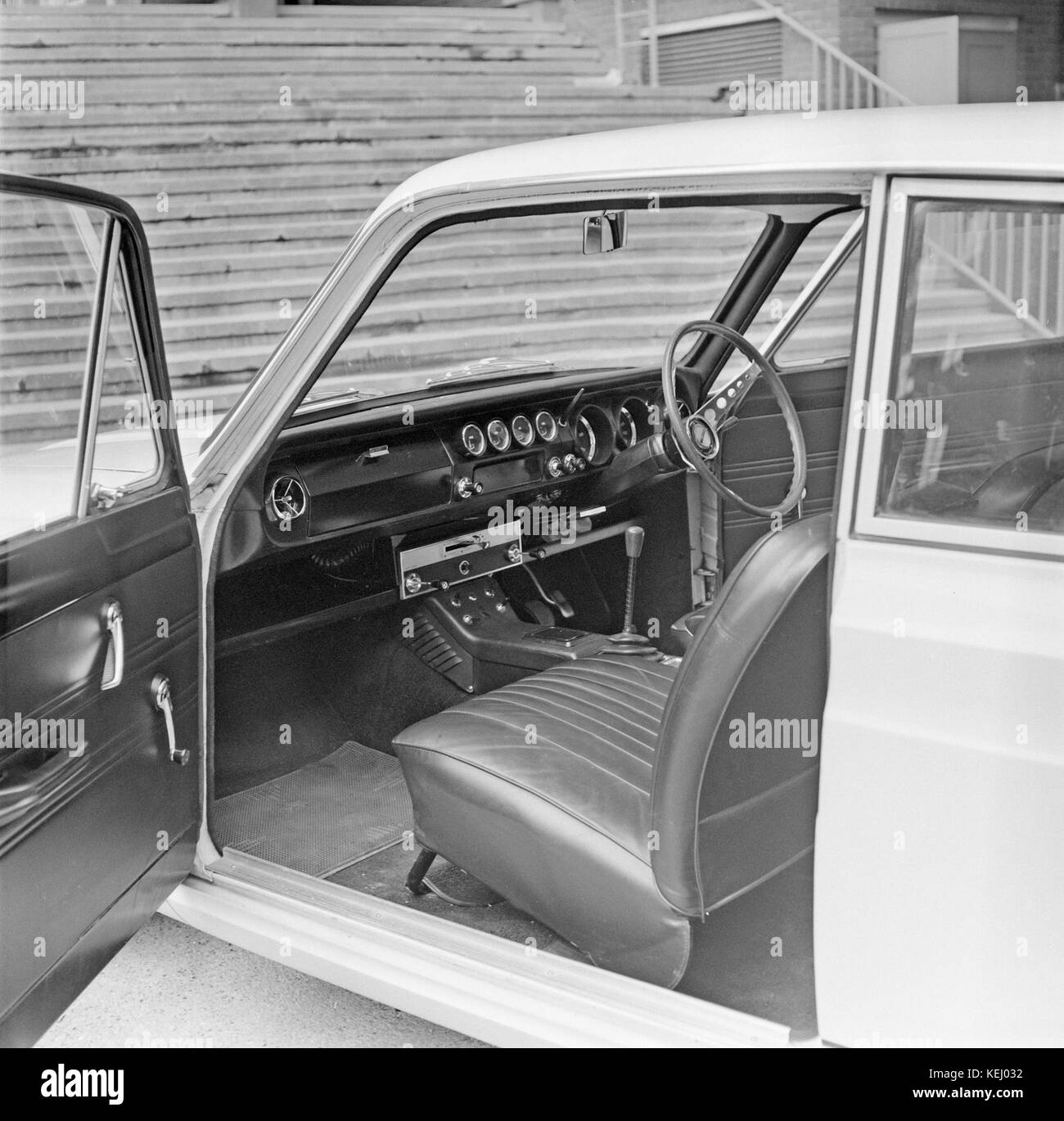 Press photos of the interior of a 1966 Ford Cortina Mk 1 GT, shown outside Newspaper House in London. Photos taken on 21st October 1966. Stock Photo