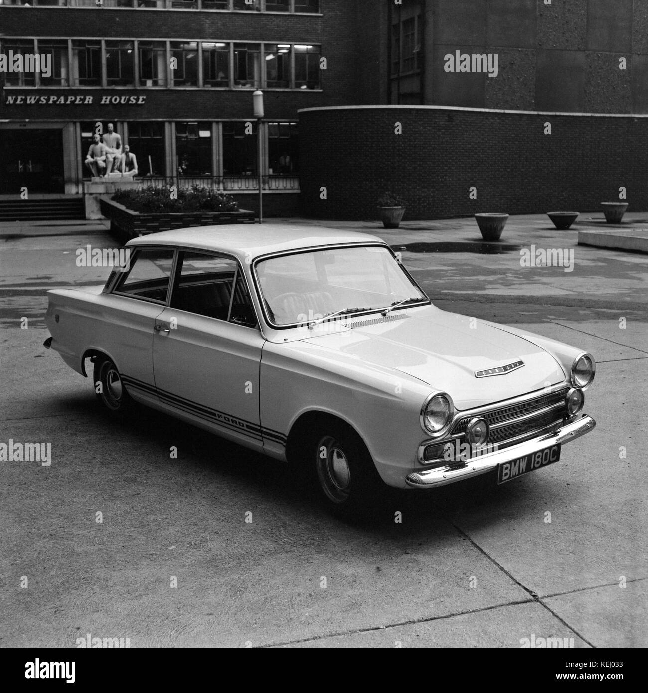 Press photos of a 1966 Ford Cortina Mk 1 GT, shown outside Newspaper House in London. Photos taken on 21st October 1966. Stock Photo