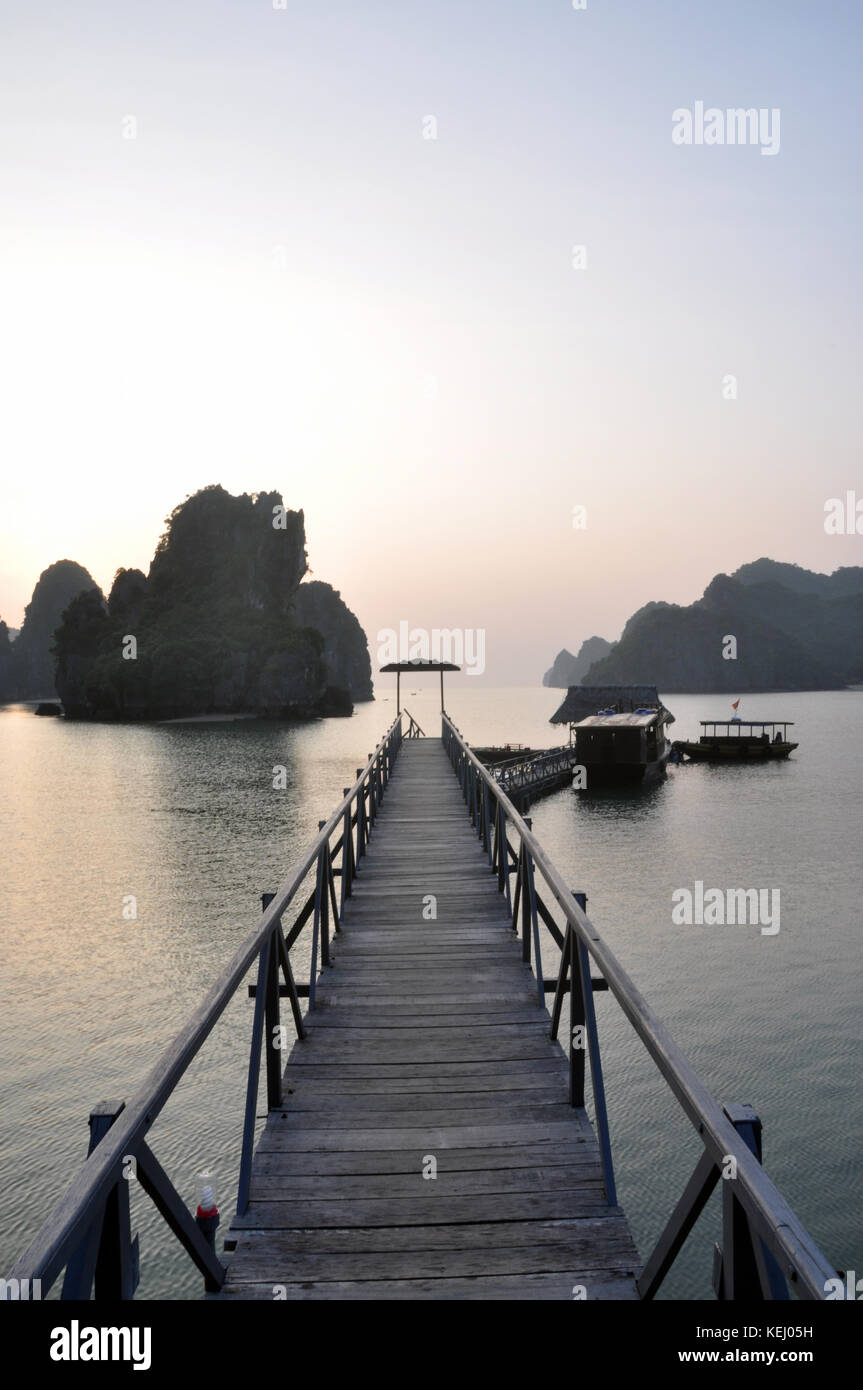 Wooden jetty in Ha Long Bay Vietnam Stock Photo
