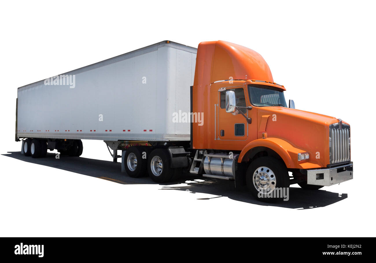 Side view of isolated orange semi cab and white trailer. Stock Photo
