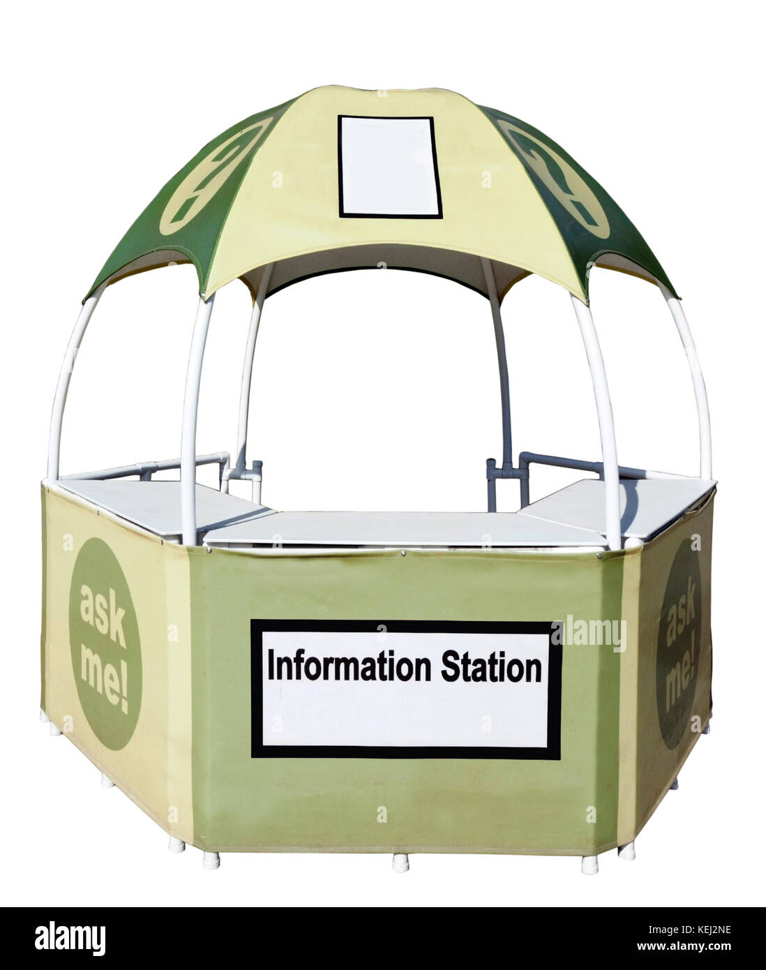 Tented outdoor umbrella information kiosk. Isolated. Stock Photo