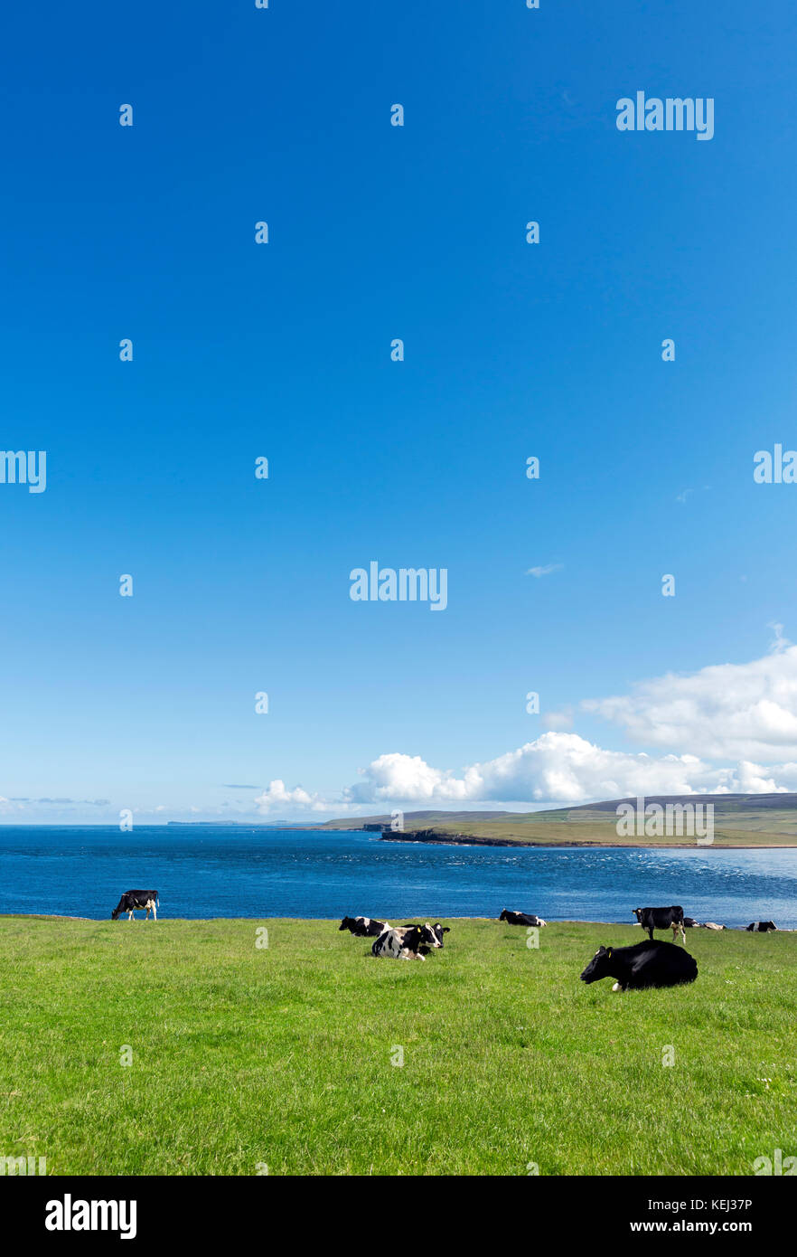View from the A966 on the northern coast of Mainland looking towards Rousay with Westray in the distance, Orkney, Scotland, UK Stock Photo