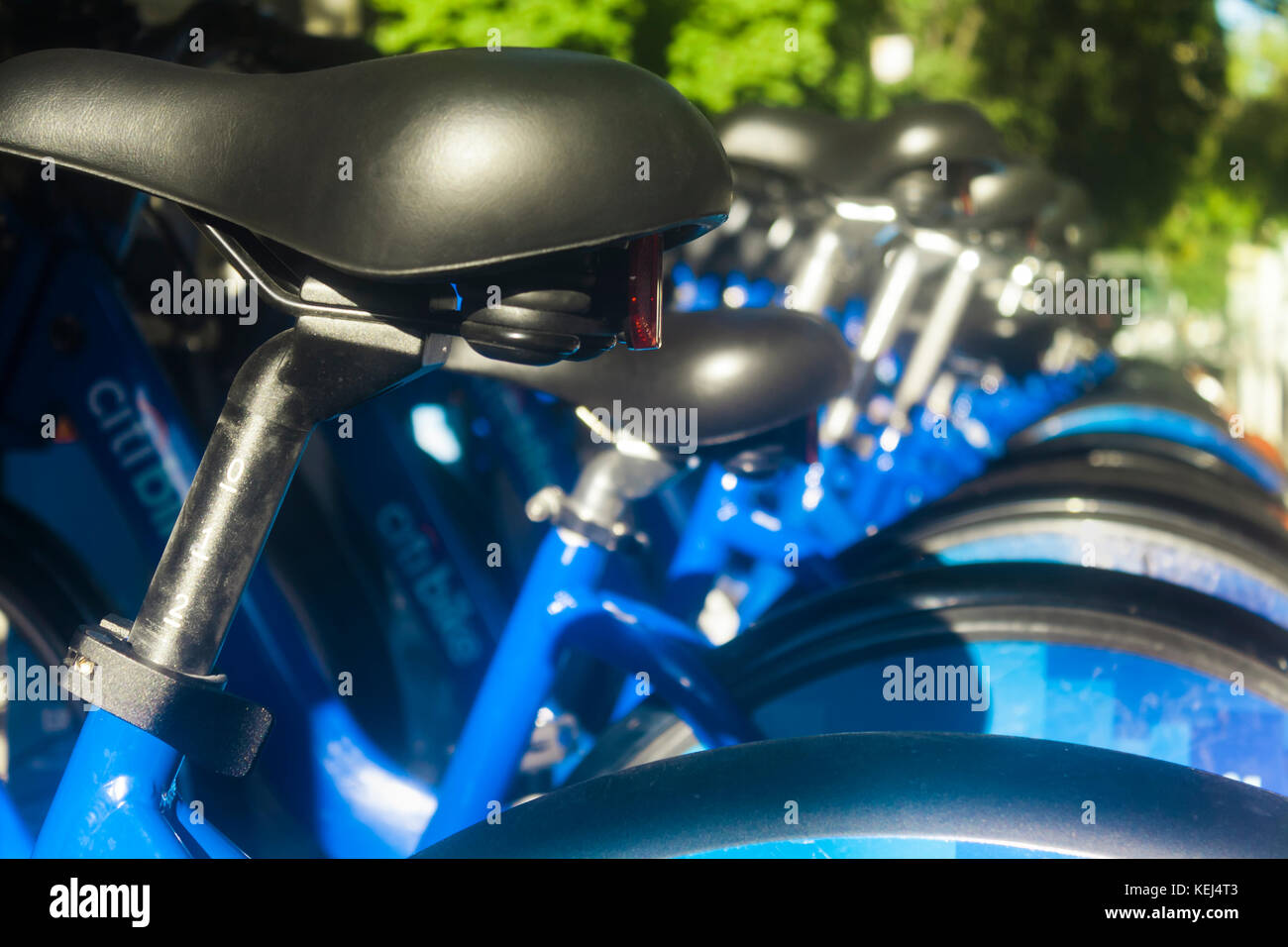 A row of blue bike-share bicycles in downtown New York City Stock Photo